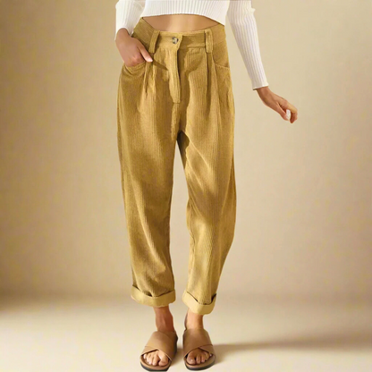 Cord Trousers with High Waist and Slim-Fit Design