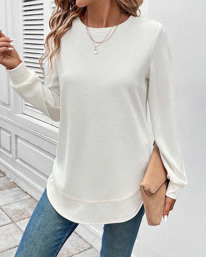 Long Sleeve Solid Round Neck Top for Everyday Wear