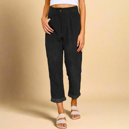 Cord Trousers with High Waist and Slim-Fit Design