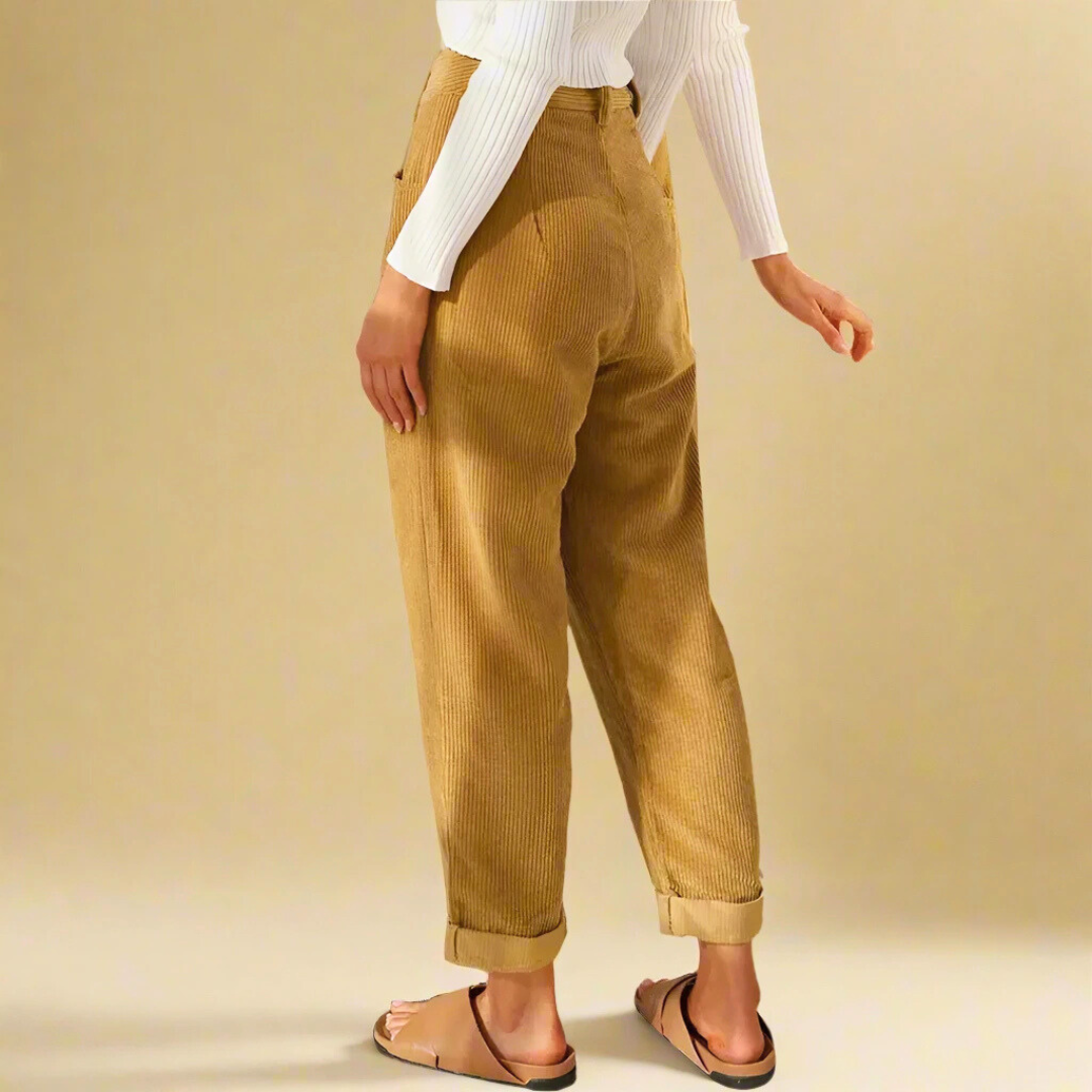 Cord Trousers with High Waist and Slim-Fit Design