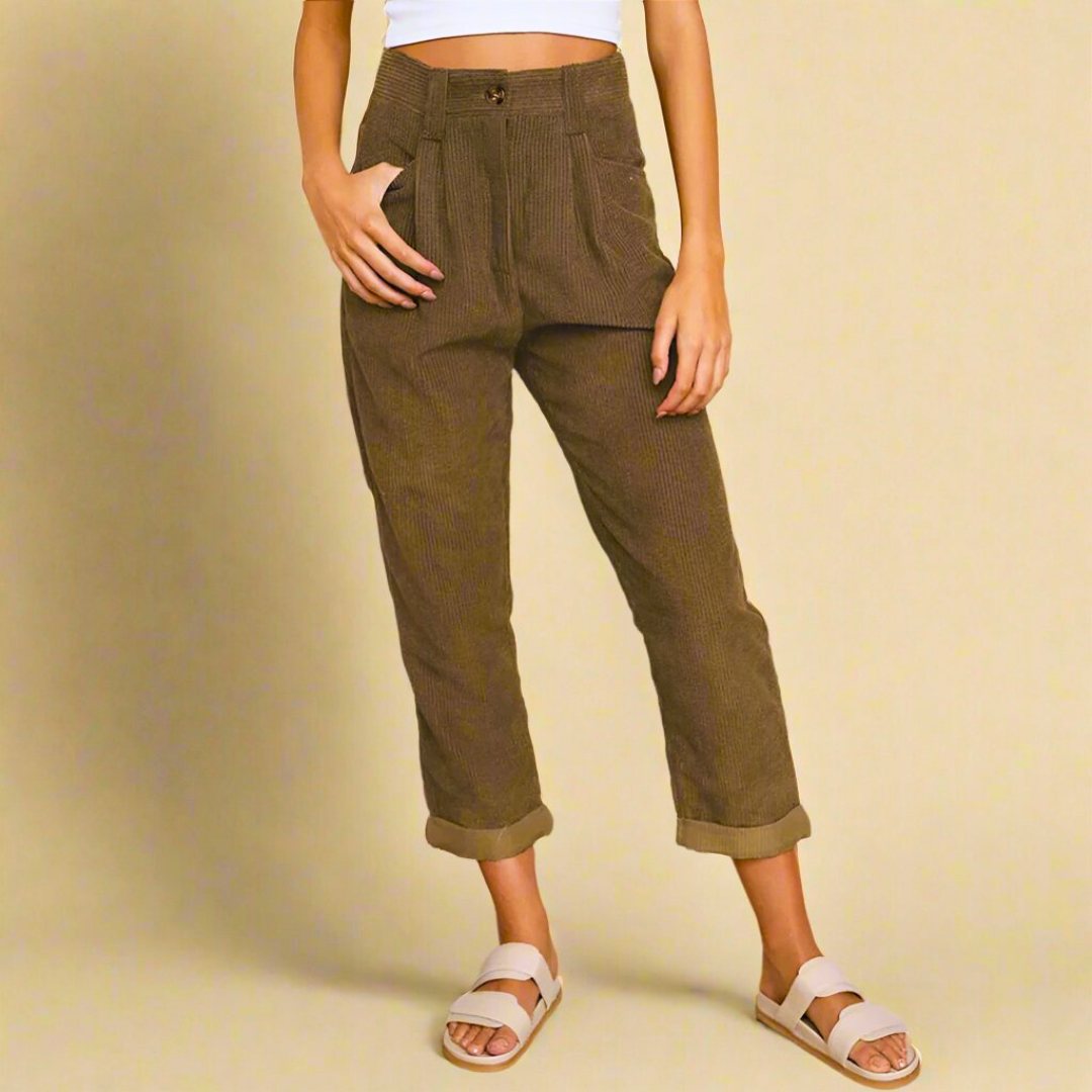 Cord Trousers with High Waist and Slim-Fit Design