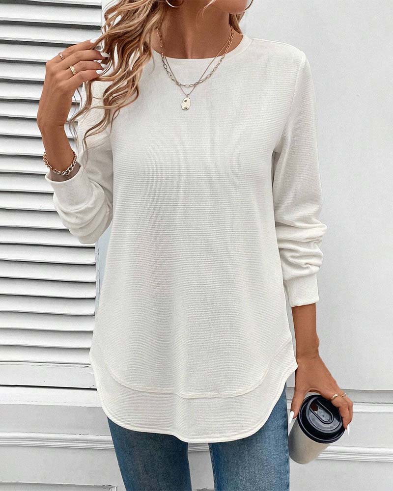 Long Sleeve Solid Round Neck Top for Everyday Wear