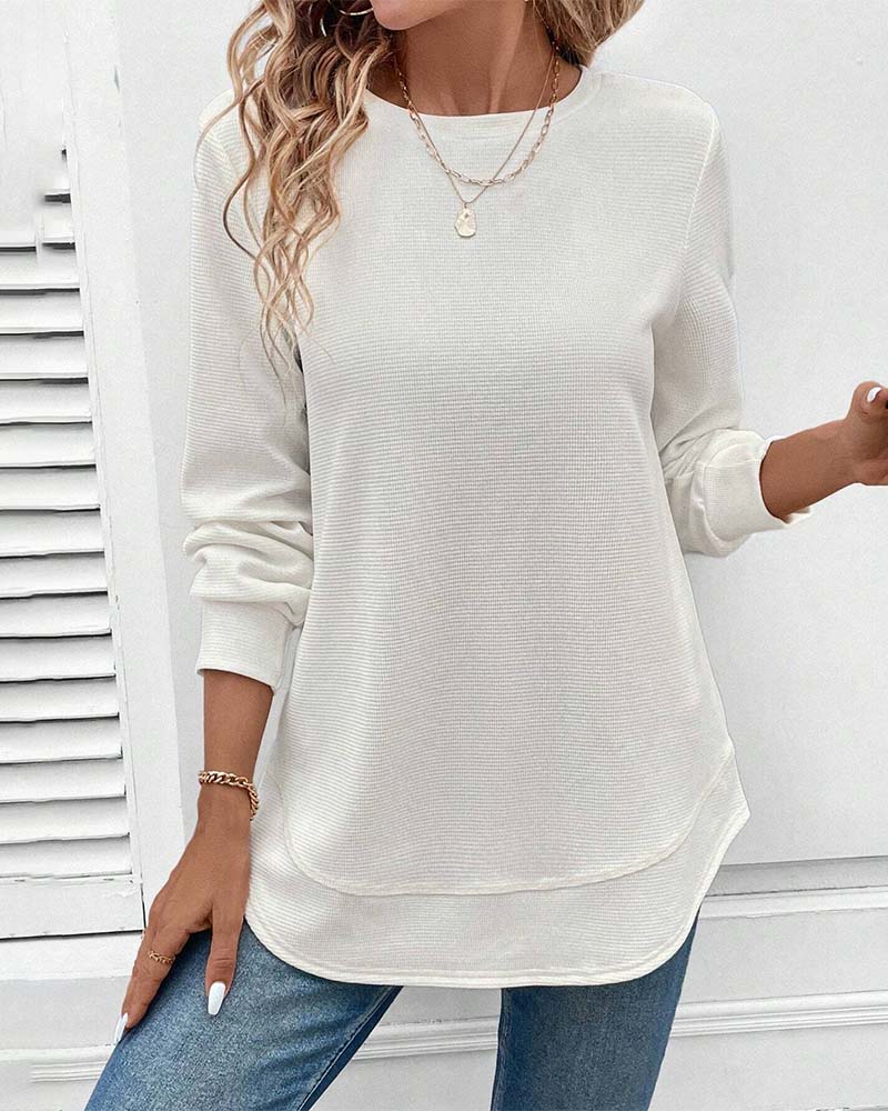 Long Sleeve Solid Round Neck Top for Everyday Wear