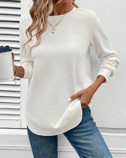 Long Sleeve Solid Round Neck Top for Everyday Wear